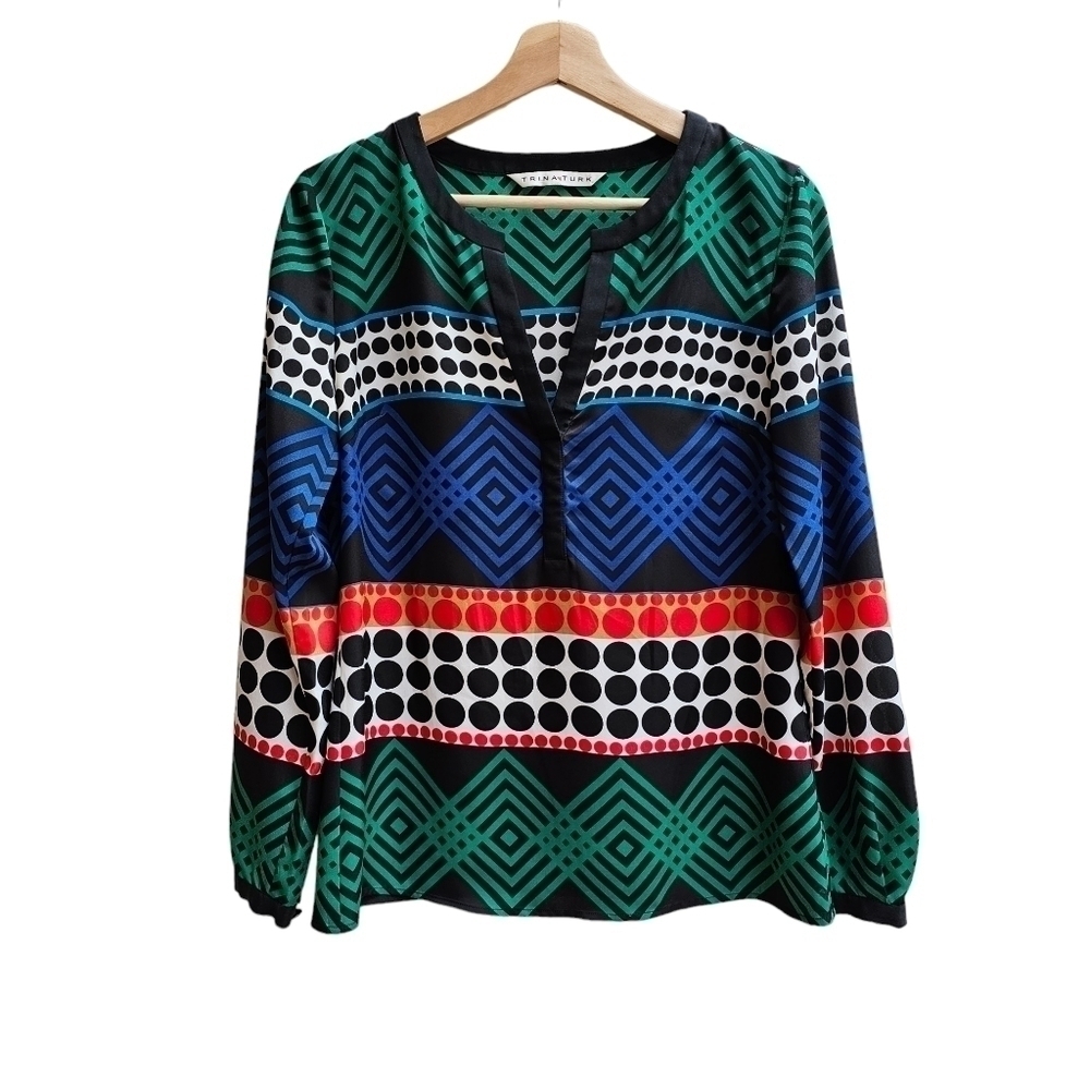 Trina Turk Multicolor Tunic with Silk Trim, Colorful Summer Office, Size Small